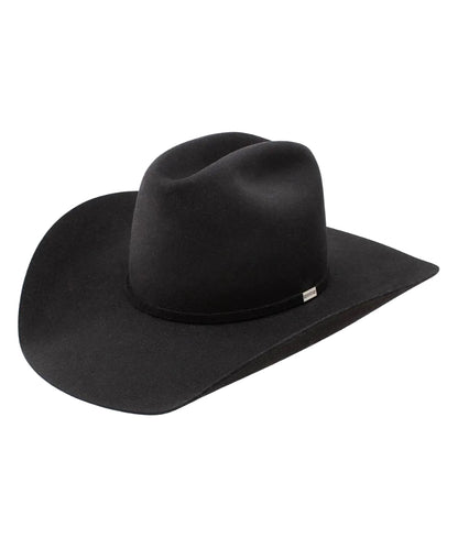 Front left facing black Redistol wool felt hat with cattleman crease and matching self hatband with silver tone Resistol logo pin.