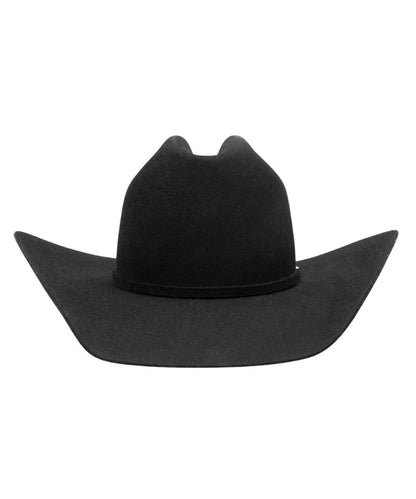 Back view of black Redistol wool felt hat with cattleman crease and matching self hatband with silver tone Resistol logo pin.