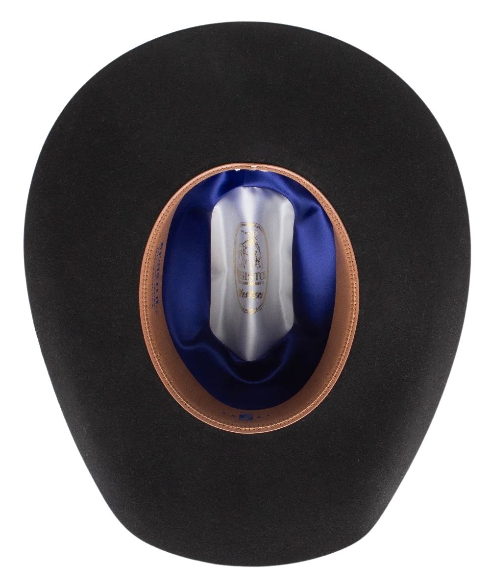 Bottom view of black Redistol wool felt hat with genuine leather sweatband and blue satin interior lining.