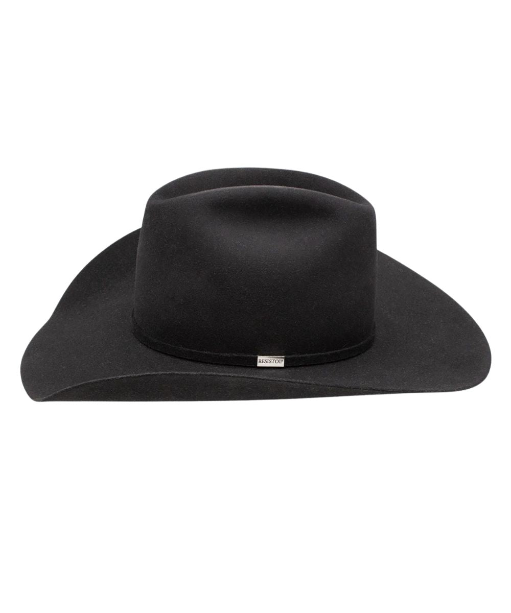 Side view of black Redistol wool felt hat with cattleman crease and matching self hatband with silver tone Resistol logo pin.