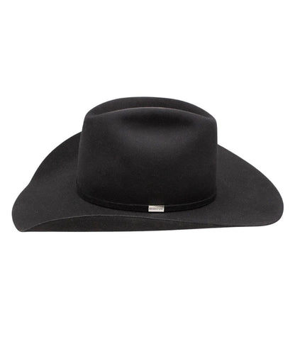 Side view of black Redistol wool felt hat with cattleman crease and matching self hatband with silver tone Resistol logo pin.