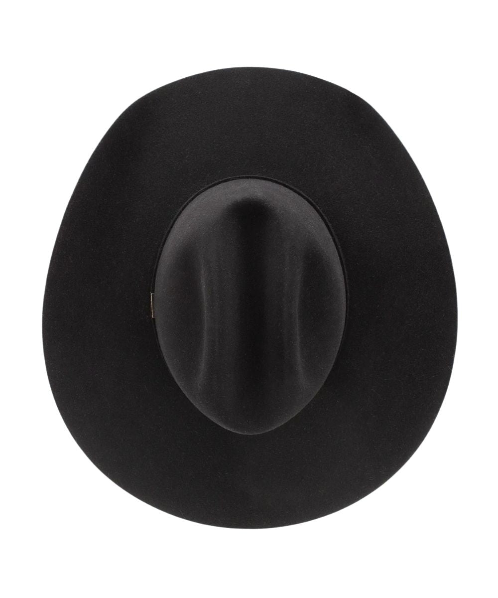 Top view of black Redistol wool felt hat with cattleman crease and matching self hatband.