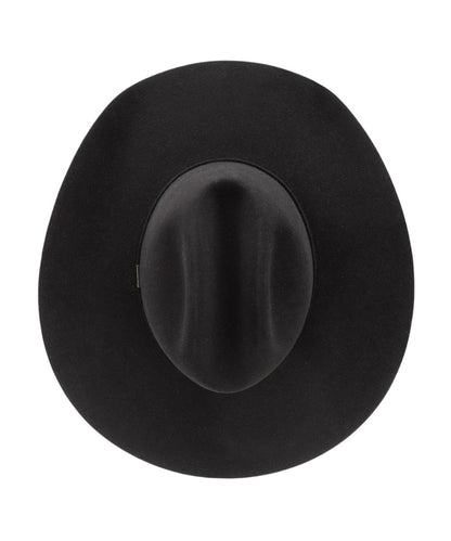 Top view of black Redistol wool felt hat with cattleman crease and matching self hatband.