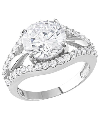 Top view of the women's silver tone ring featuring the clear cubic zirconia crystals