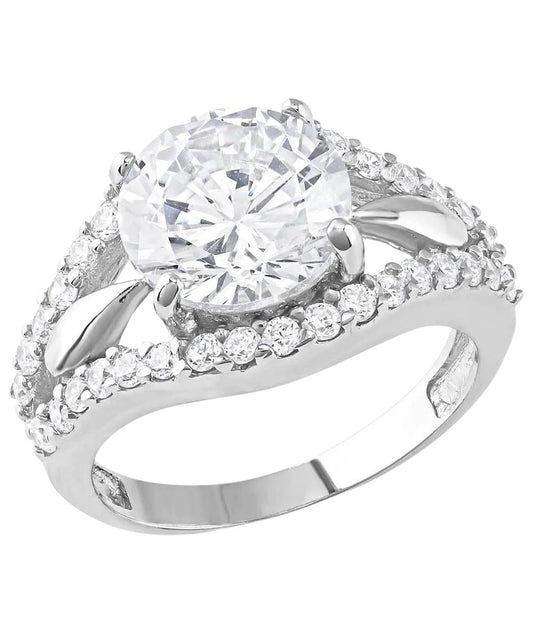 Top view of the women's silver tone ring featuring the clear cubic zirconia crystals