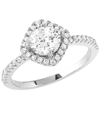 Top view of the women's ring featuring the silver tone band and clear cubic zirconia crystals