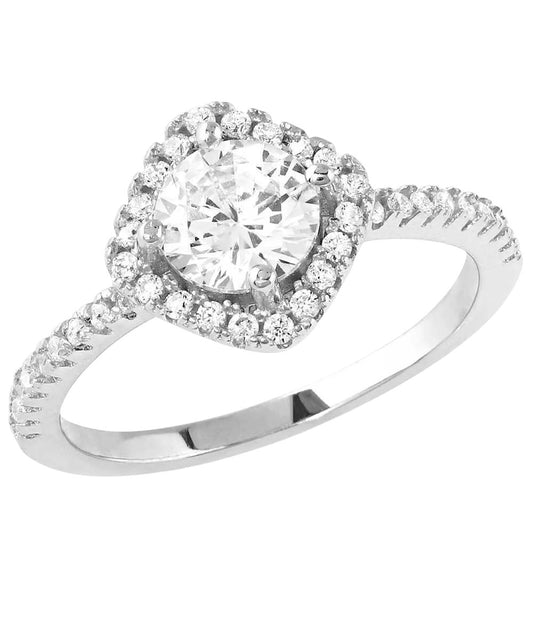 Top view of the women's ring featuring the silver tone band and clear cubic zirconia crystals