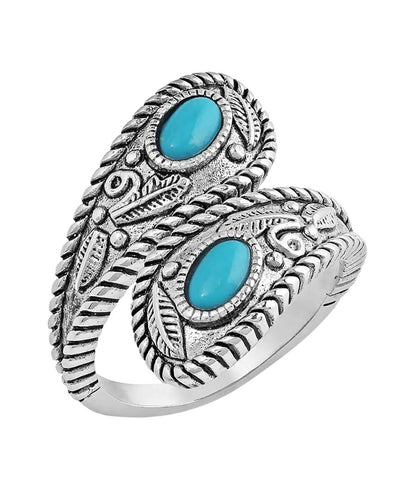 Top view of the women's silver wrap ring featuring the crafted turquoise stones
