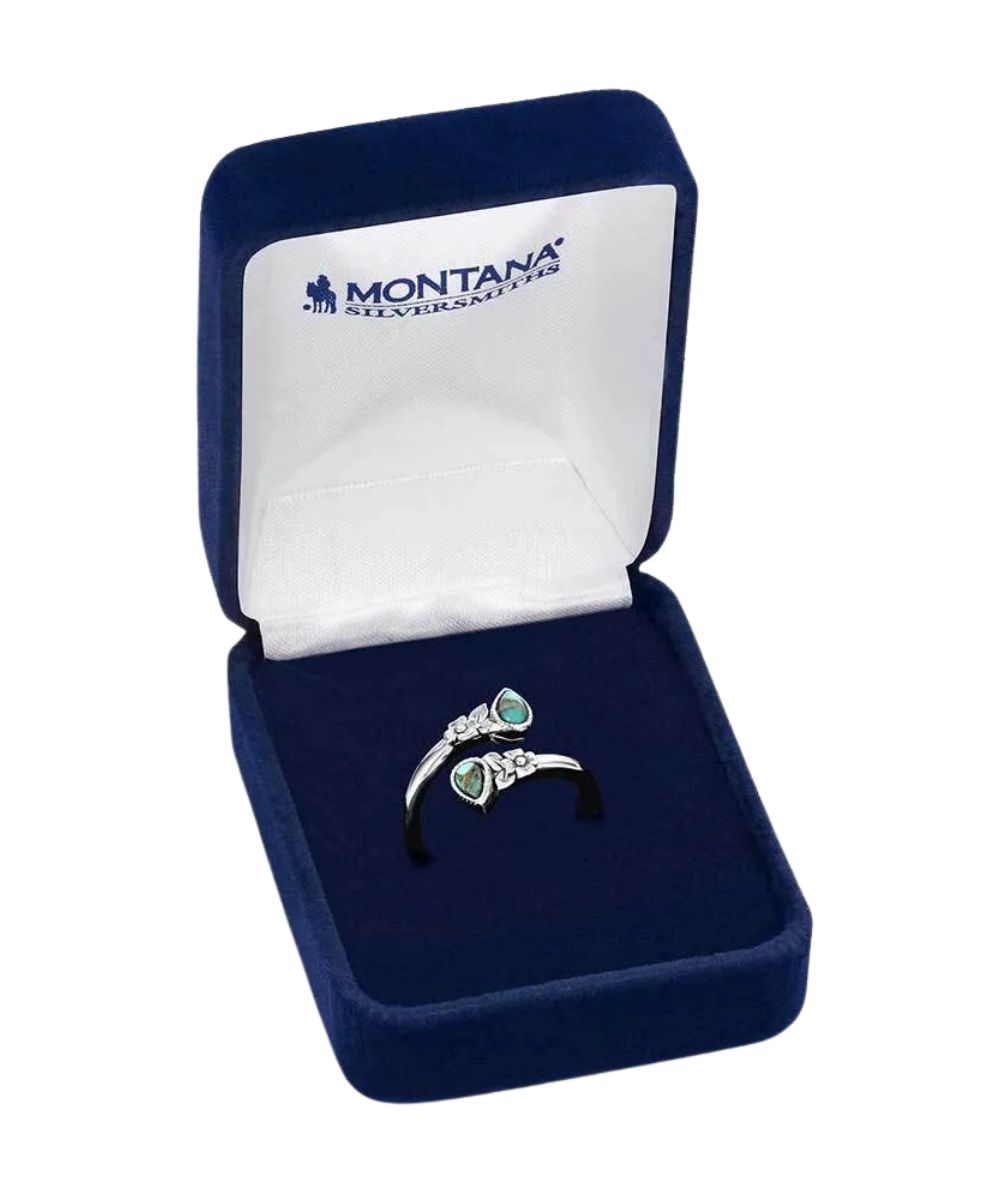 Boxed view of the women's heirloom petals turquoise wrap ring