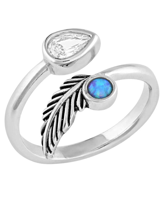 Top view of the women's silver open ring featuring a feather design, a clear cubic zirconia crystal, and a crafted opal stone