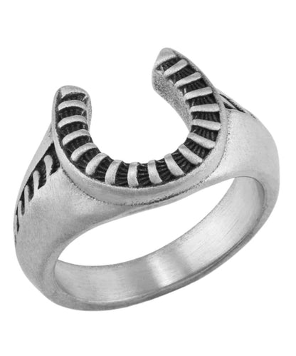 Top view of the men's silver horseshoe ring in a size 10