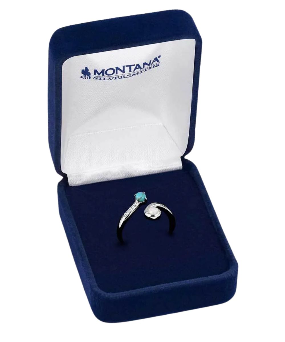 Boxed view of the women's blue jay wrap ring