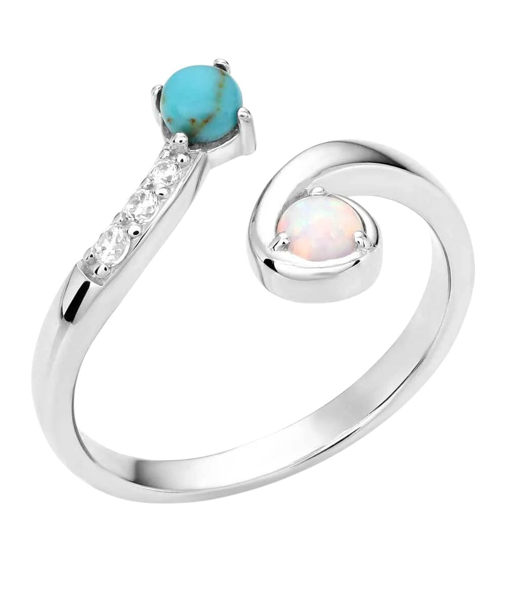 Top view of the women's wrap ring featuring the crafted turquoise, opal, and cubic zirconia stones