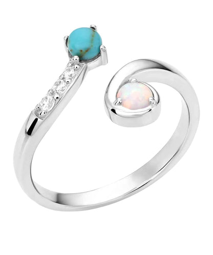 Top view of the women's wrap ring featuring the crafted turquoise, opal, and cubic zirconia stones