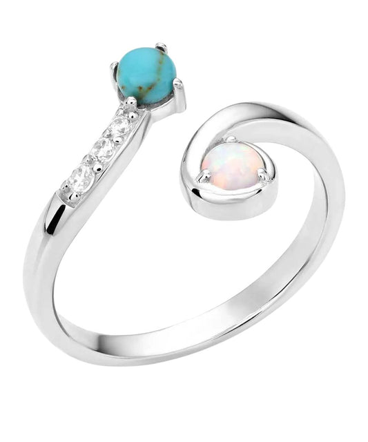 Top view of the women's wrap ring featuring the crafted turquoise, opal, and cubic zirconia stones