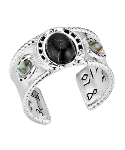 Women's Silver Ring Featuring A Black Crafted Onyx Stone In The Center Of The Horseshoe-Inspired Design Flanked By Two Crafted Turquoise Stones