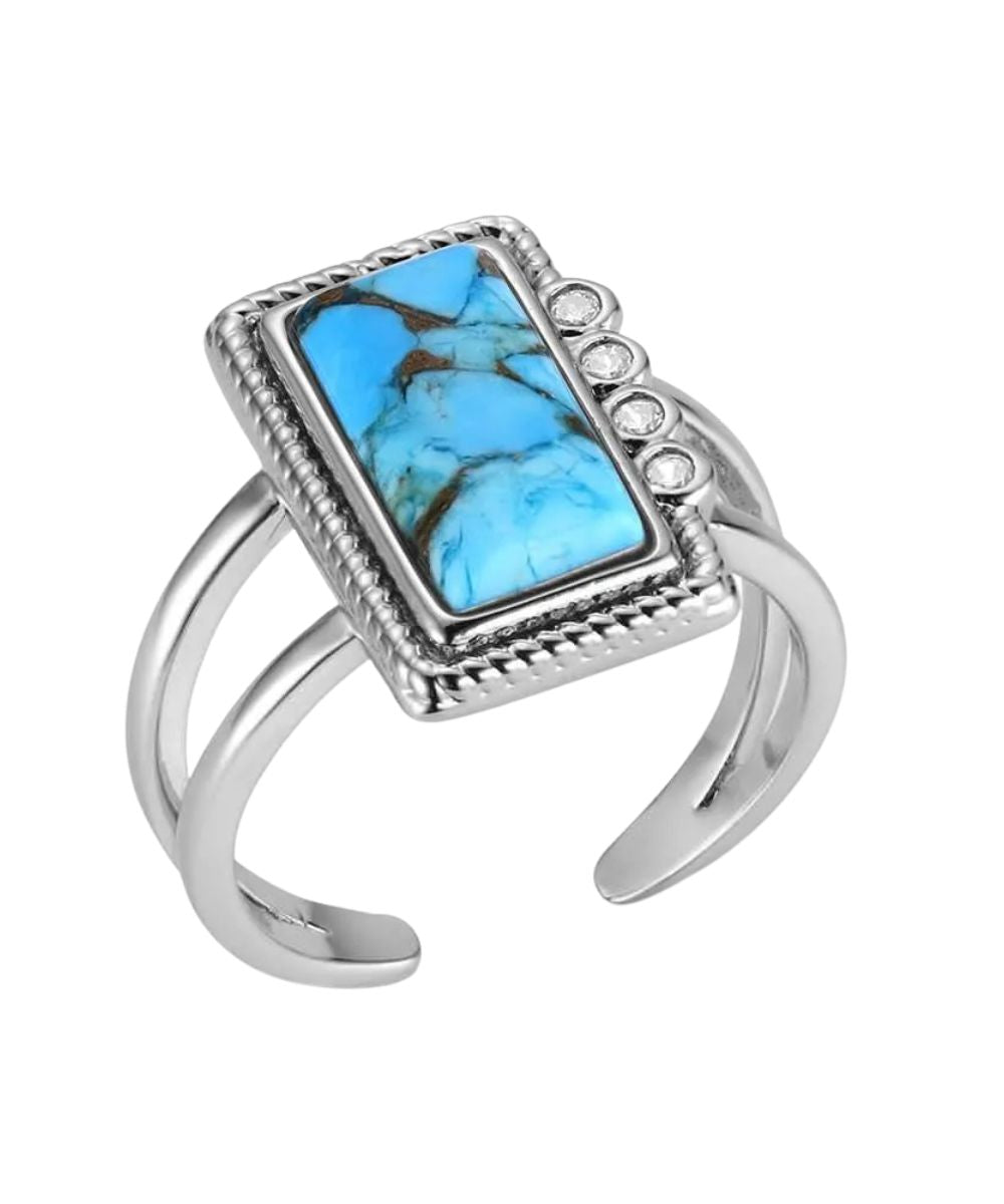 Women's Open Cuff Ring Featuring A Rectangular Crafted Turquoise Stone And Clear Cubic Zirconia Crystals