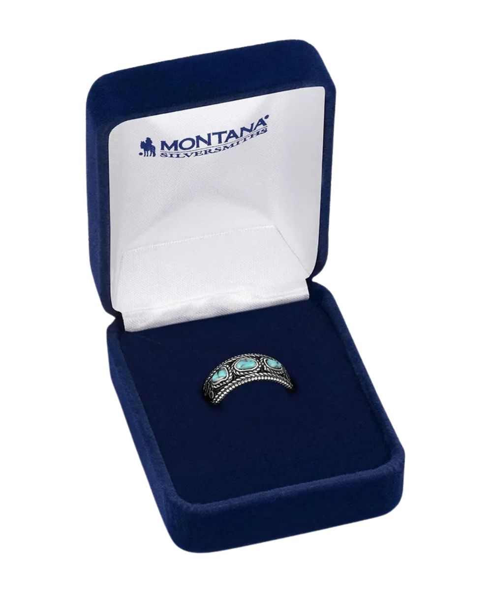 Boxed view of the women's boot stitch turquoise open ring