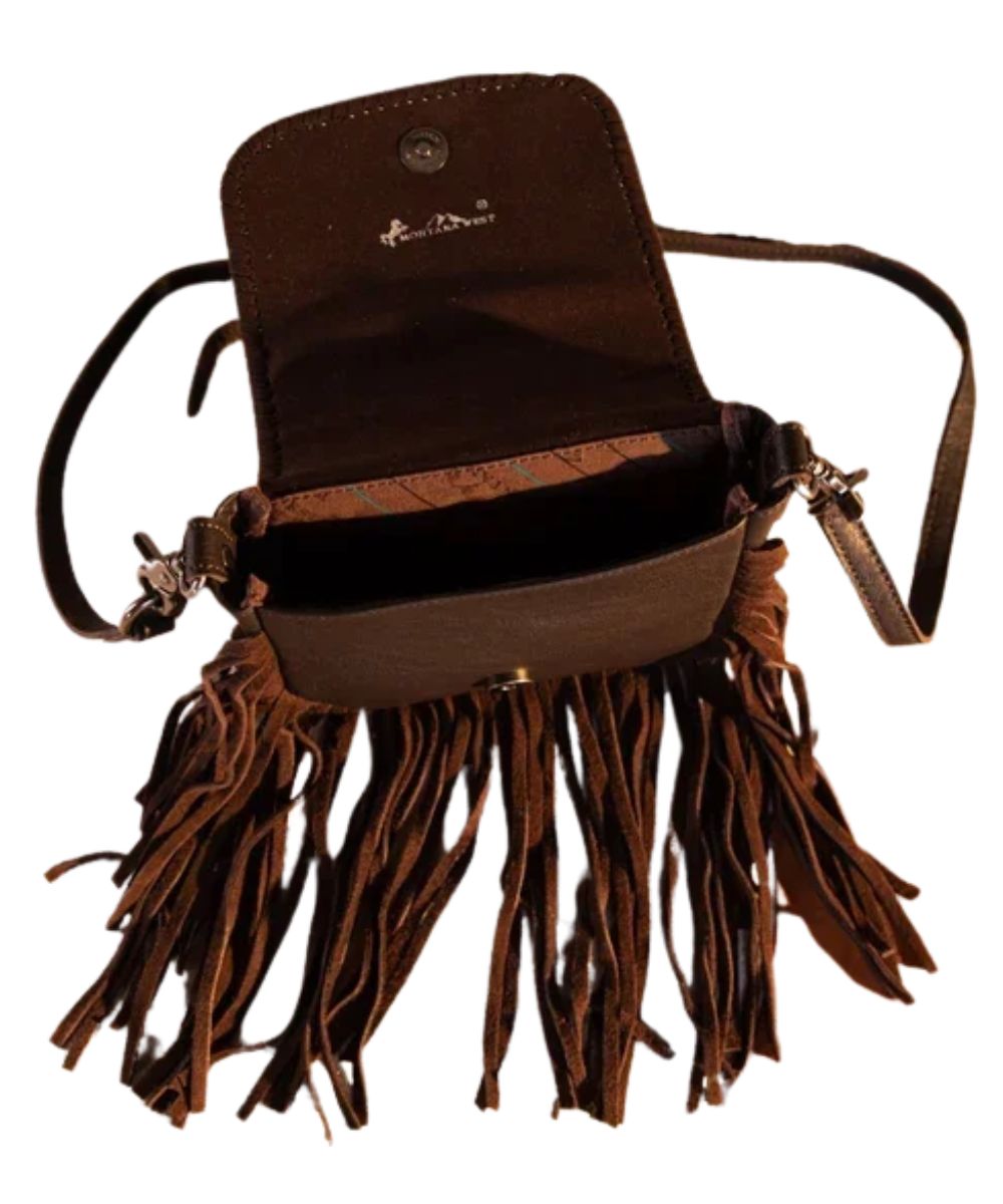 Interior view of the women's coffee brown crossbody featuring the single compartment inside