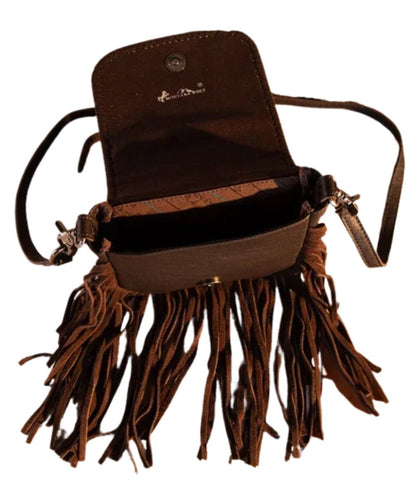 Interior view of the women's coffee brown crossbody featuring the single compartment inside