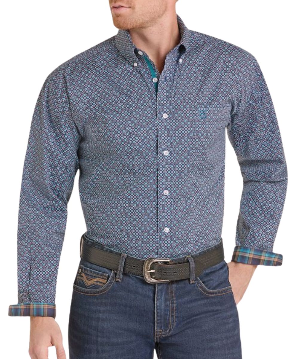 Front view of the men's Panhandle Slim Peacock Blue Long Sleeve Button Down Shirt featuring the slim fit, single open chest pocket, contrast interior trim, and mini geometric print on the blue shirt