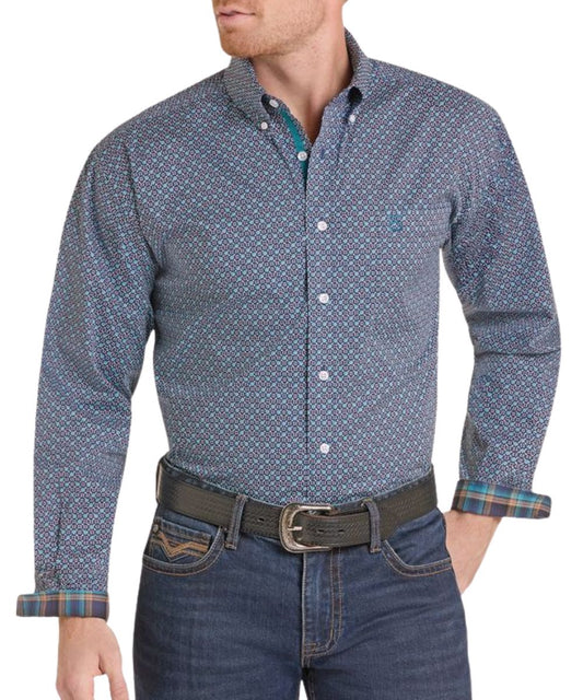 Front view of the men's Panhandle Slim Peacock Blue Long Sleeve Button Down Shirt featuring the slim fit, single open chest pocket, contrast interior trim, and mini geometric print on the blue shirt