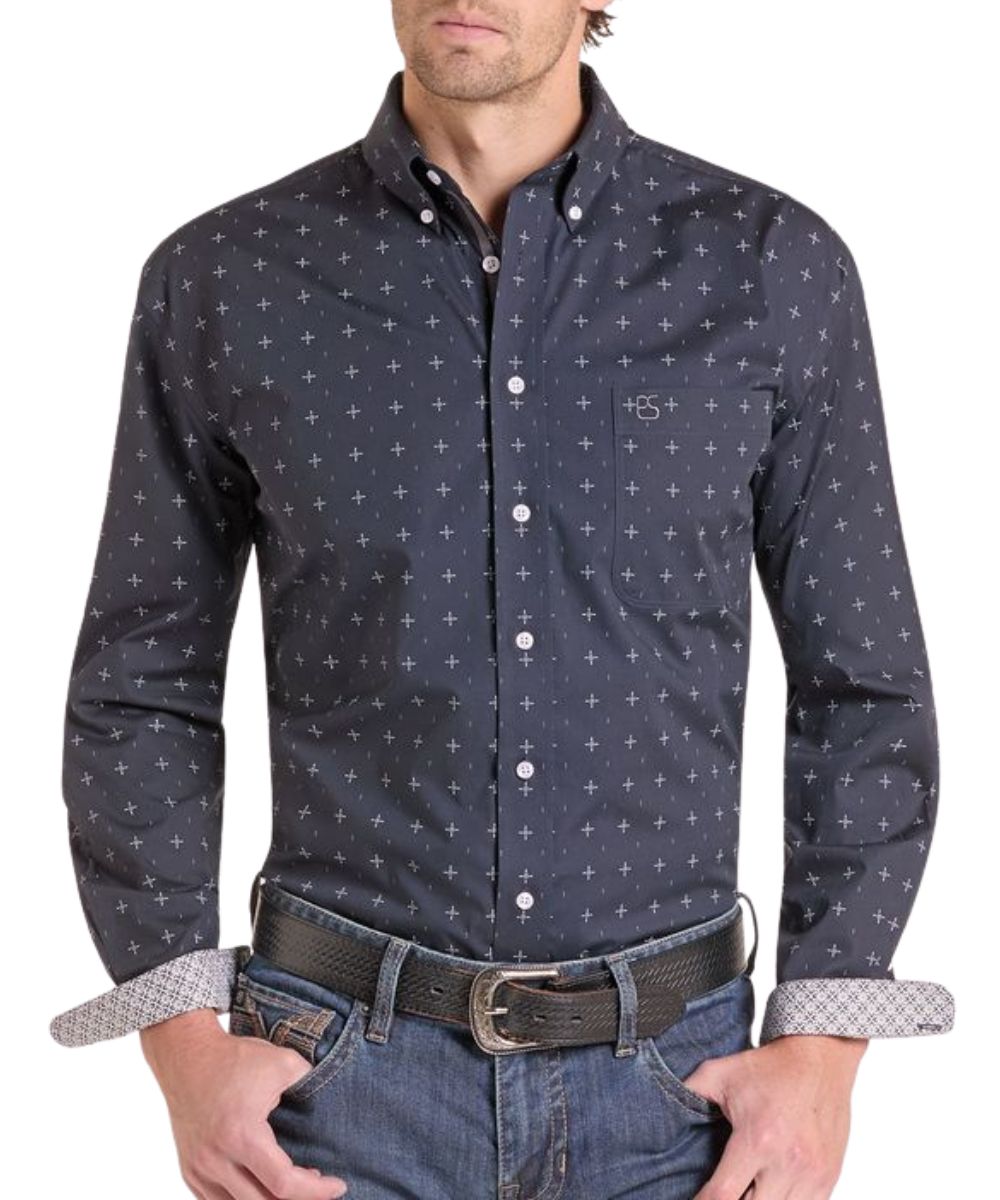 Front view of the men's Panhandle Slim Rough Stock Black Button Down Shirt featuring the slim fit, long sleeves, north star geo print, contrast interior trim, and a single open chest pocket