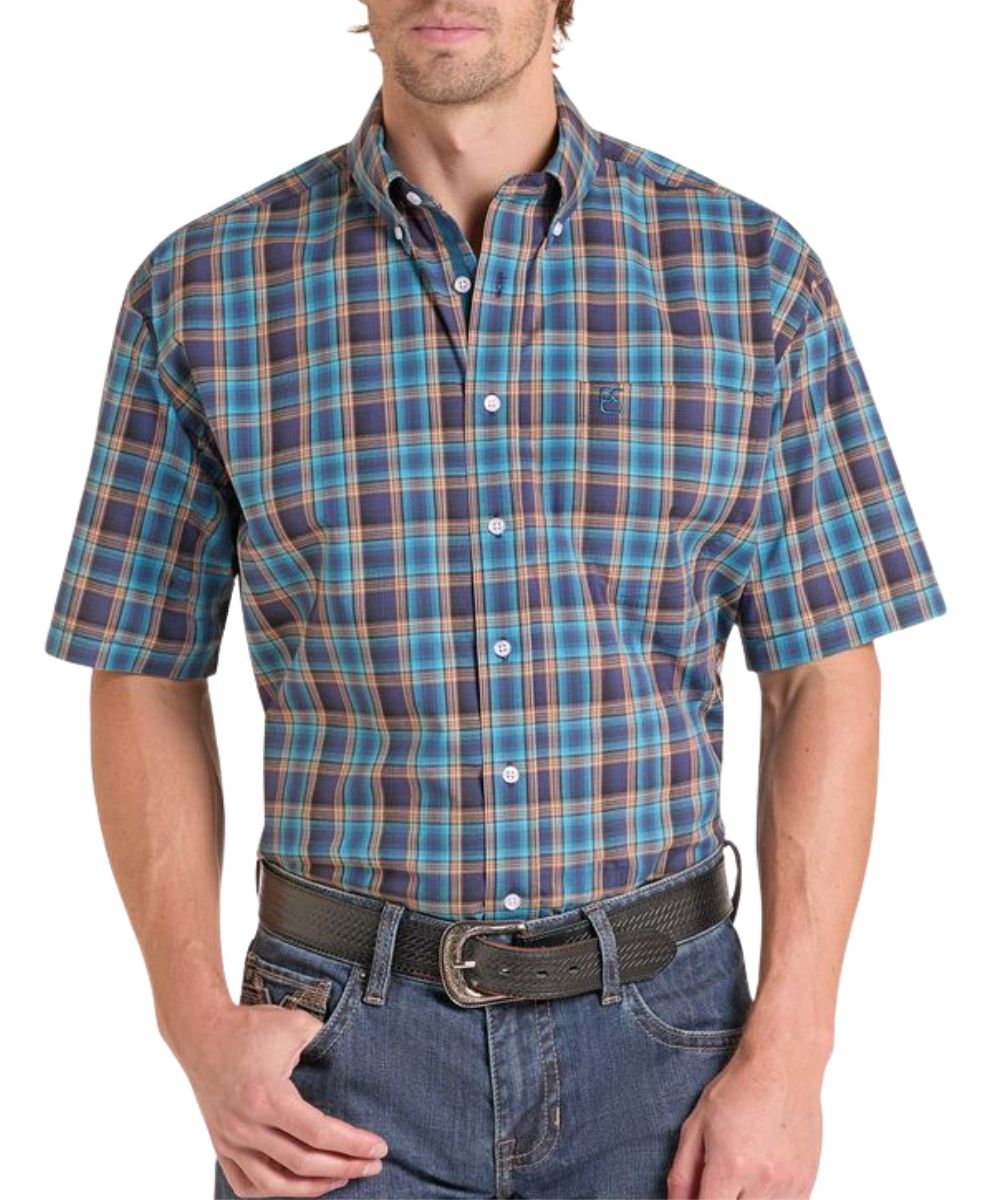 Front view of the men's blue Panhandle Slim short sleeve button down shirt featuring the plaid print, chest pocket, and button down collar