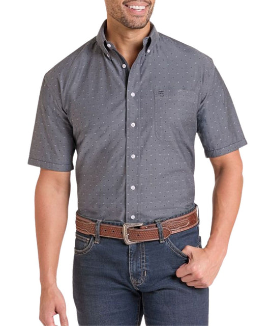 Front view of the men's black short sleeve button down shirt featuring the geometric print, chest pocket, and button down collar