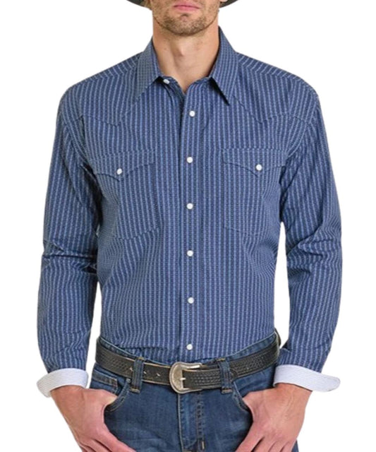 Front view of the men's navy blue long sleeve western snap shirt featuring contrast interior trim