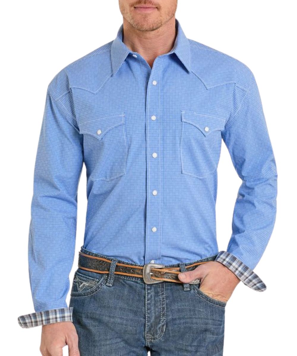 Men's Blue Check Plaid Printed Long Sleeve Snap Shirt Featuring Single Point Snap Flap Chest Pockets, Western Yokes, And Contrast Interior Trim Under The Cuffs