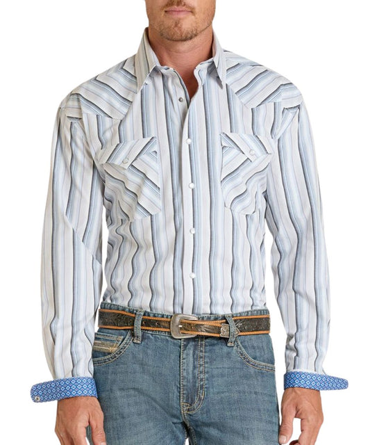 Panhandle Slim men's long sleeve snap shirt in a sky blue and white striped print featuring contrast interior trim under the cuffs, western yokes, and snap flap chest pockets.