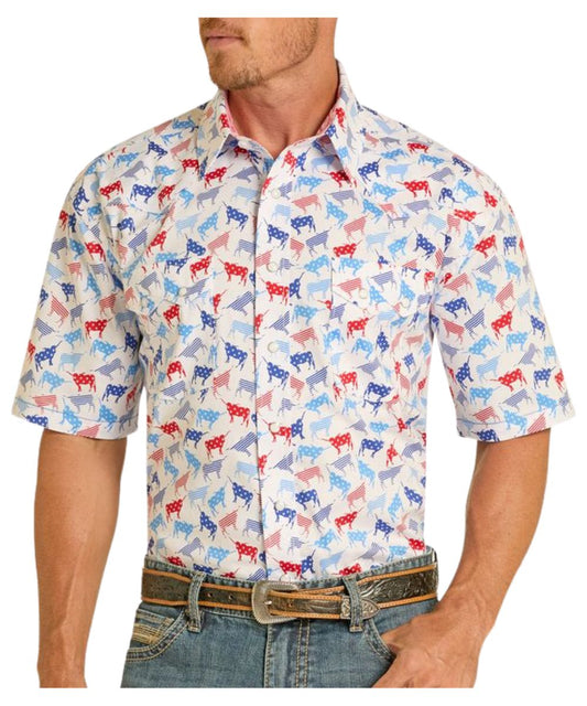 Men's White Short Sleeve Snap Shirt Featuring A Red, White, And Blue Longhorn Geometric Print With Stars And Stripes Fill