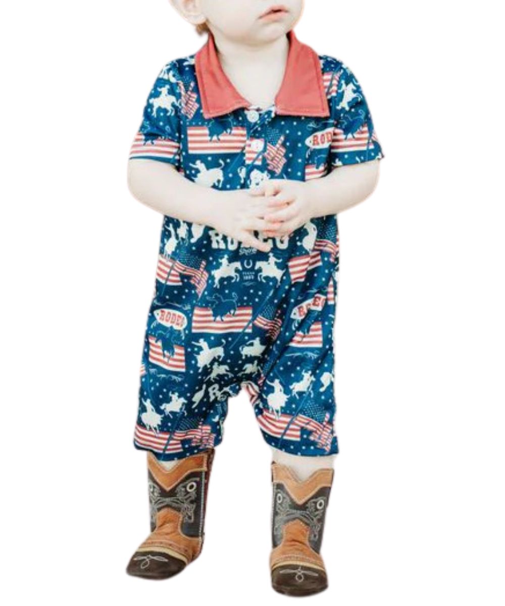 Infant/Toddler Boy's Short Sleeve American Rodeo Print Navy Romper