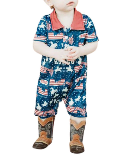 Infant/Toddler Boy's Short Sleeve American Rodeo Print Navy Romper