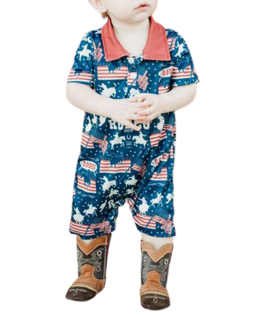 Infant/Toddler Boy's Short Sleeve American Rodeo Print Navy Romper