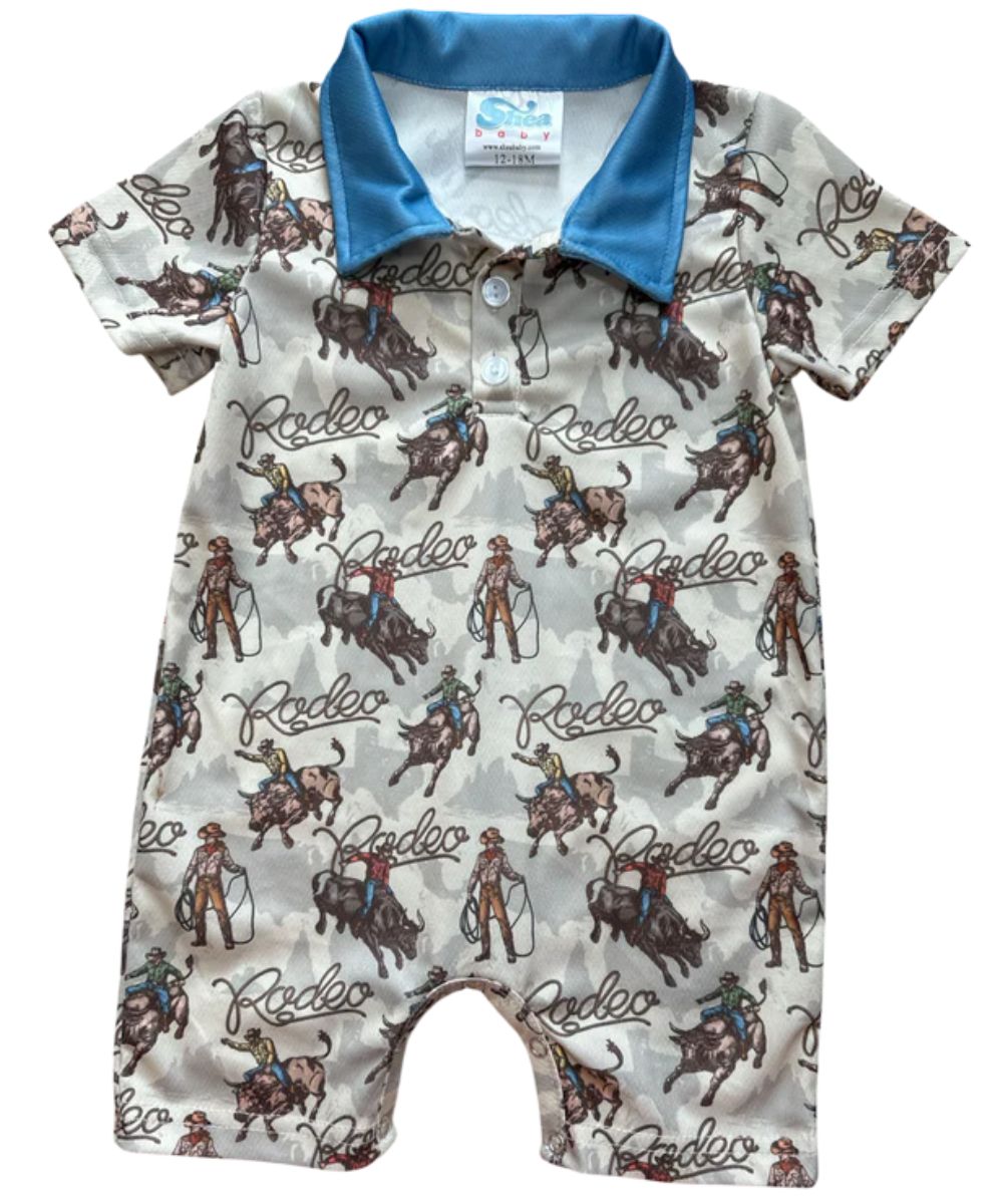 Infant/Toddler Boy's Rodeo Graphic Romper In Tan And Brown With A Blue Contrasting Collar