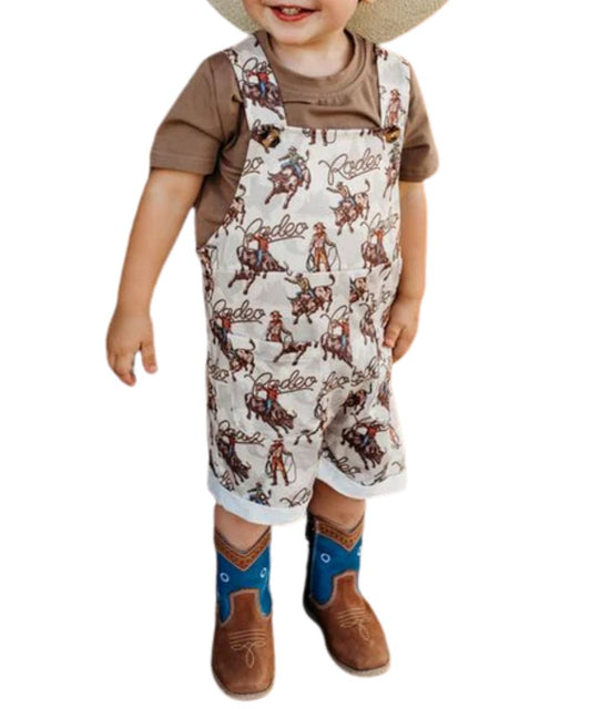 Little Boy's Short Sleeve Brown Tee With Rodeo, Bull Rider Printed Overalls Romper Set