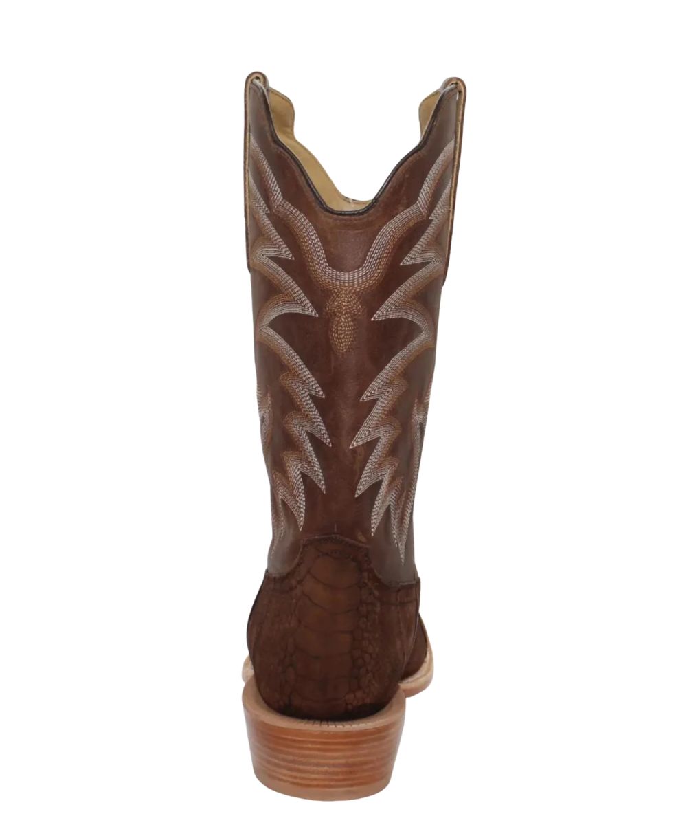 Heel view of the men's dark brown western boot featuring the cowboy heel and contrast western stitch design on the shaft
