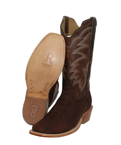 Angled left side view of the men's dark brown leather boot featuring the ostrich leather vamp, leather outsole, and narrow square toe