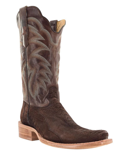Right angled view of the men's R. Watson western boot featuring the chocolate brown sueded ostrich leg leather vamp and the old fashion cafe brown cowhide leather shaft, pull tabs, and narrow square toe