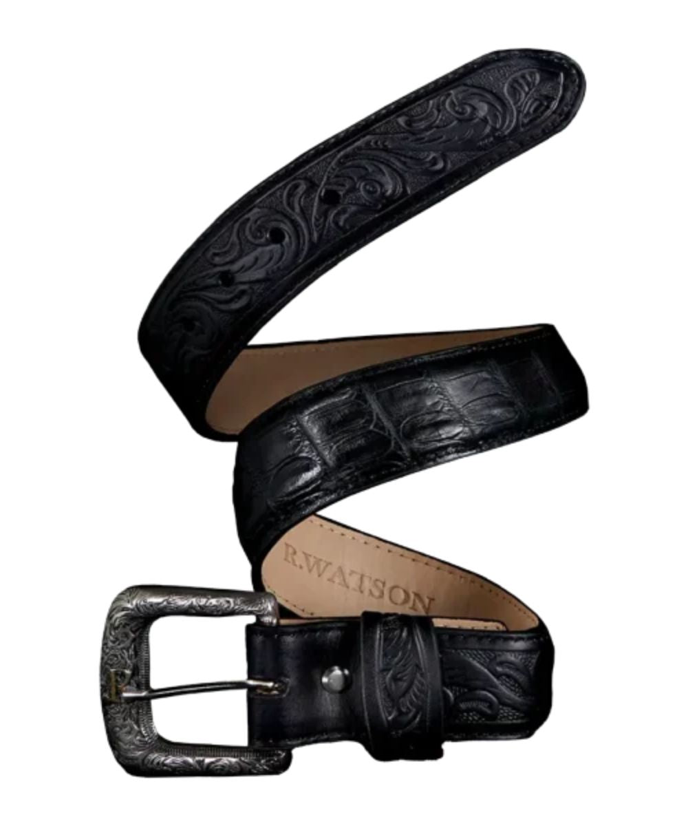 Side view of the men's black caiman leather belt