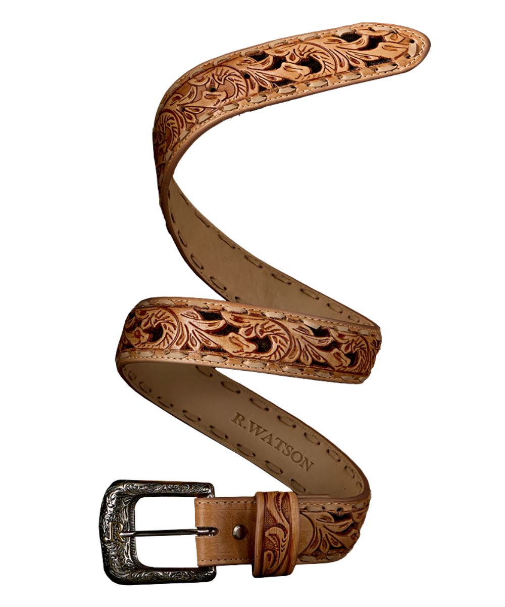 Men's Tan Leather Belt Featuring A Black Roughout Leather Underlay