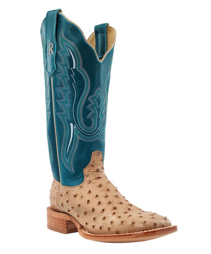 Women's 13" Exotic Leather Boot Featuring A Tan Full Quill Ostrich Leather Vamp And A Teal Sinatra Cowhide Leather Shaft With Contrast Stitching