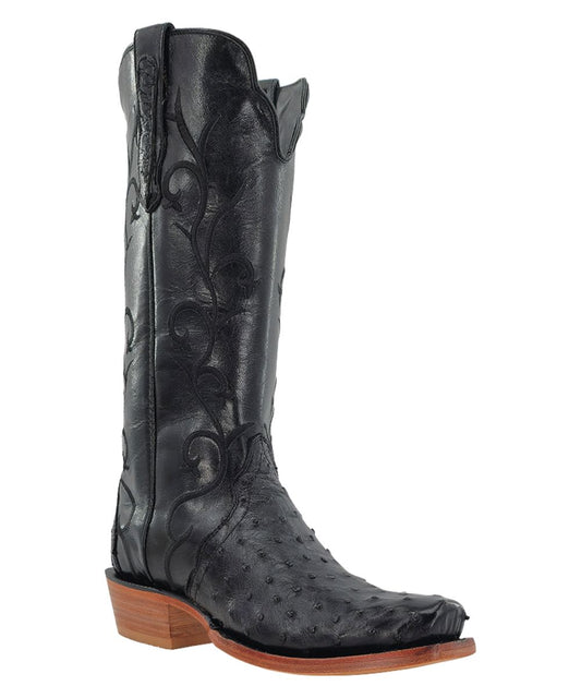 Women's 14" Black Leather Boot With A Full-Quill Ostrich Leather Vamp And Embroidered Shaft