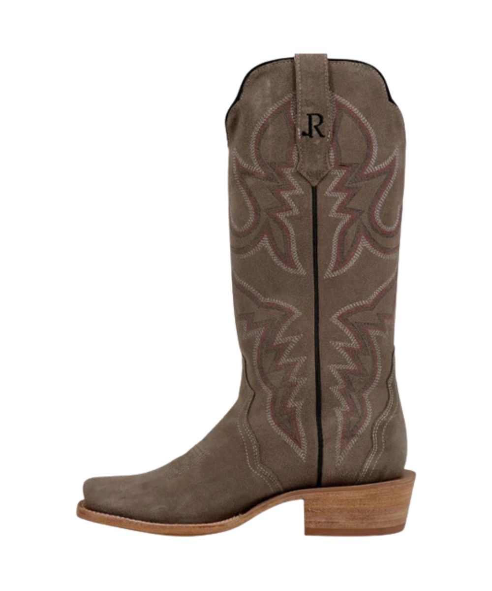 Left side view of the women's charcoal boot featuring the charcoal roughout leather upper and leather pull tabs