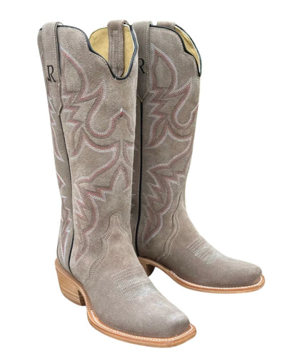 Right angled view of the women's R. Watson Charcoal Roughout Leather Cutter Toe Western Boot featuring the western stitched design on the 14" shaft