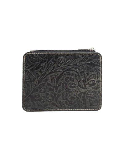Back view of the Myra Bags compact card wallet featuring black floral embossed leather.