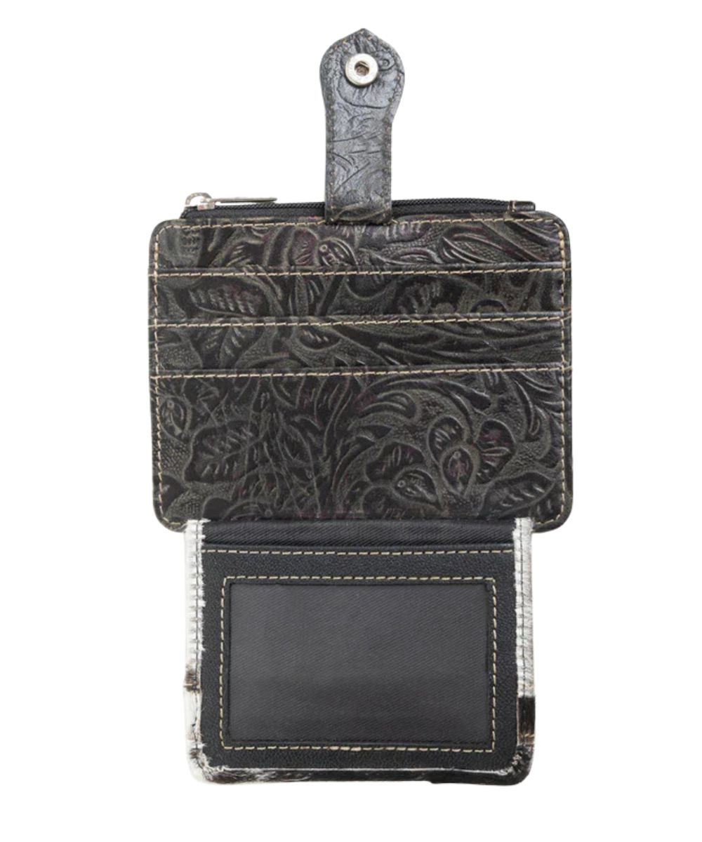 RFID lining, 3 credit card slots, and 1 clear ID slot. Top zipper closure pocket for coins, and snap closure.