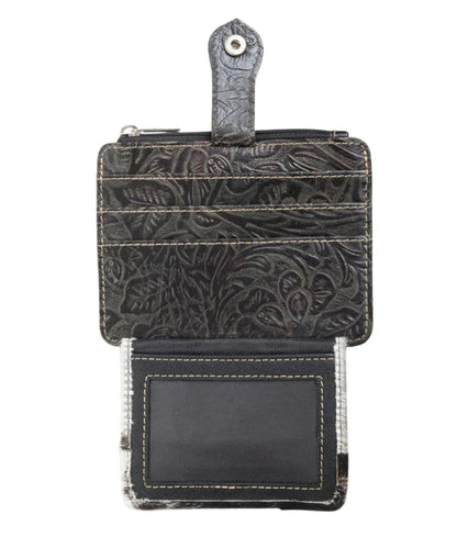 RFID lining, 3 credit card slots, and 1 clear ID slot. Top zipper closure pocket for coins, and snap closure.